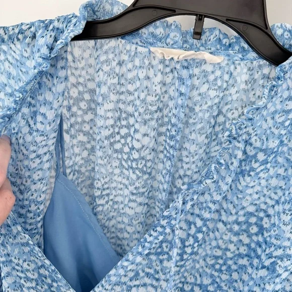 Lovestitch Sheer Floral Bishop Sleeve Ruffle Tier Mini Dress Light Blue Size S - Picture 5 of 12